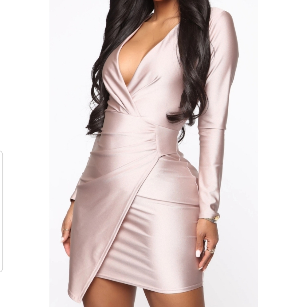 Fashion Nova Blush Pink Asymmetrical Long Sleeve Wrap Dress